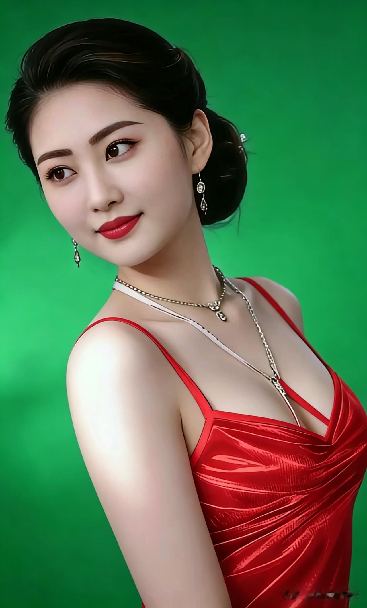 这位女士穿着红色礼服，佩戴着闪亮的项链和耳环。银裙雅致气质佳，发髻轻盘显风华。