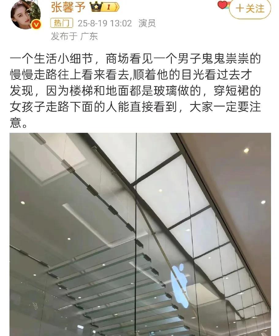 8月19日，张馨予在商场逛街时，发现一个男人鬼鬼祟祟的在玻璃楼梯下看来看去，她顺
