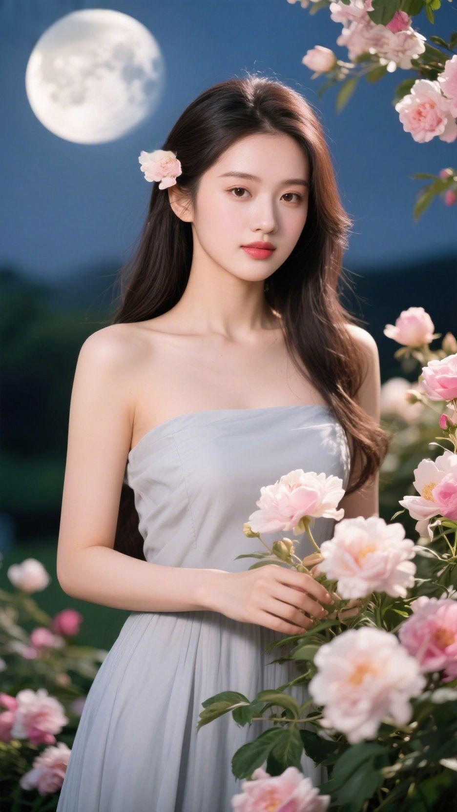 月间浅蓝伴花柔月色裹着花影漫开时，她立在夜的轻软里，像浸了雾的浅蓝，柔得清