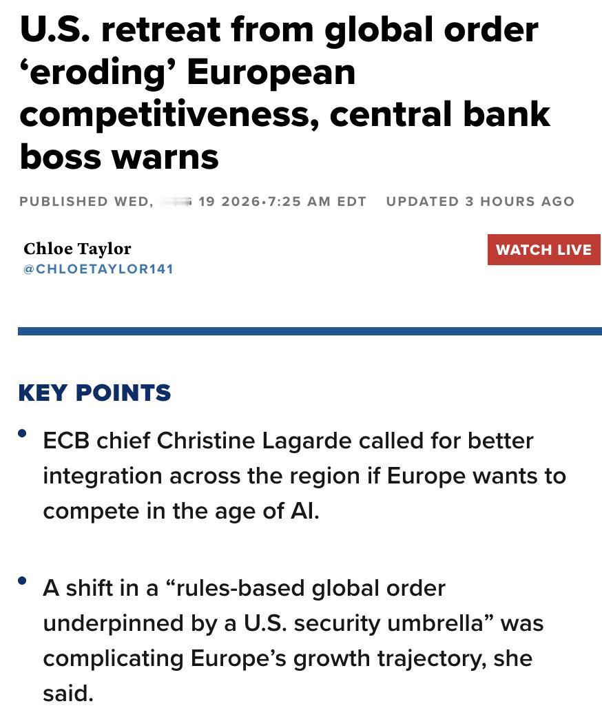 外媒：欧洲央行行长拉加德在世界经济论坛上警告，美国从全球秩序的撤退正在侵蚀欧洲竞