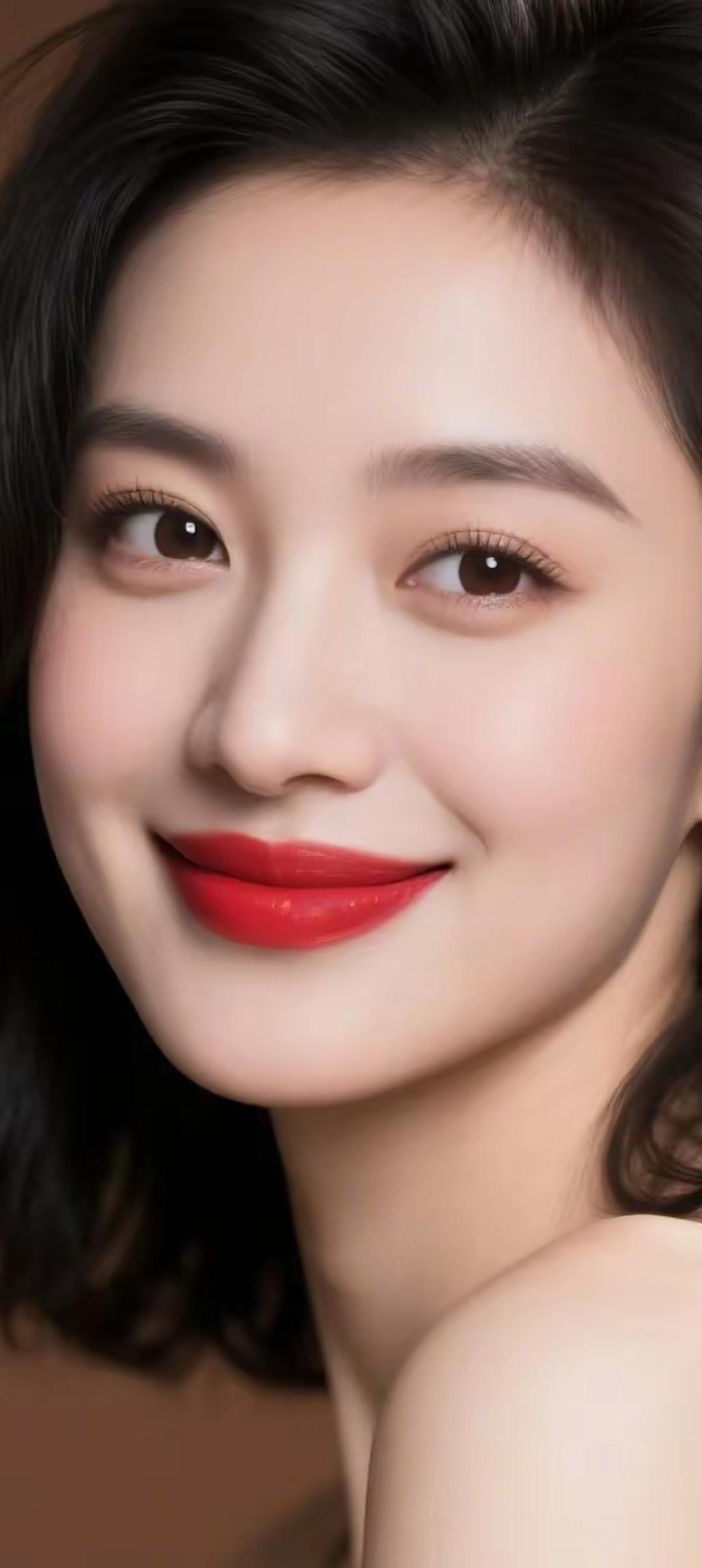 甜美笑容，红唇诱人，完美无瑕的肌肤，女神范儿十足！😍✨