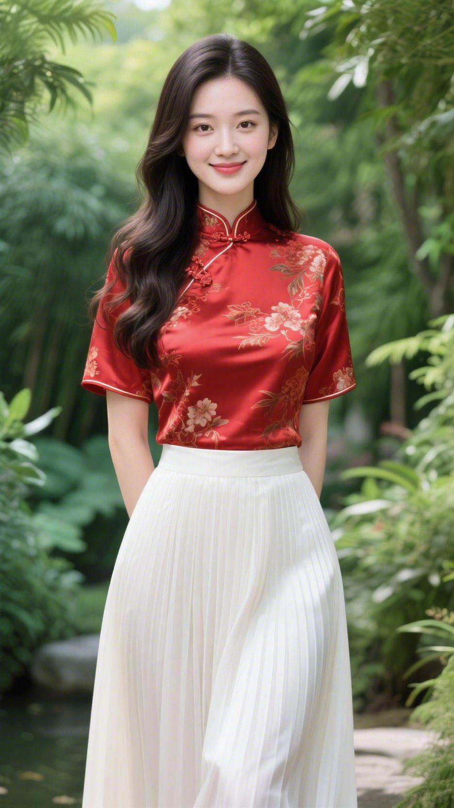 红衫庭间的春柔竹影裹着潮意漫过石径，轻落在她的衫角——朱红缎面缀着金纹花影