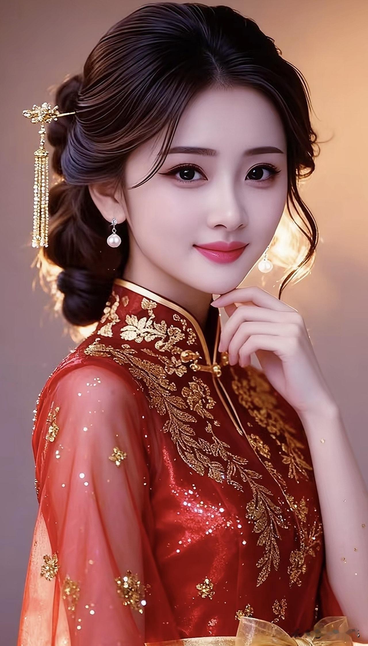 古风美人，红衣金饰，优雅动人红妆鎏金氛围感金冠红妆金饰古风照金冠红妆金饰
