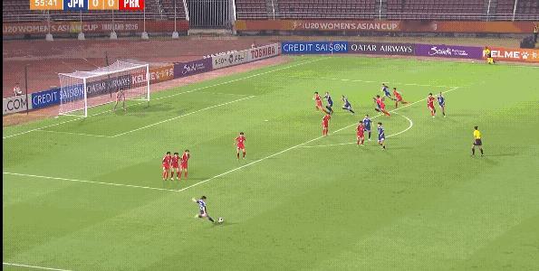 日本U20女足在多数时间被朝鲜女足压制情况下，在比赛第56分钟利用定位球攻破朝鲜