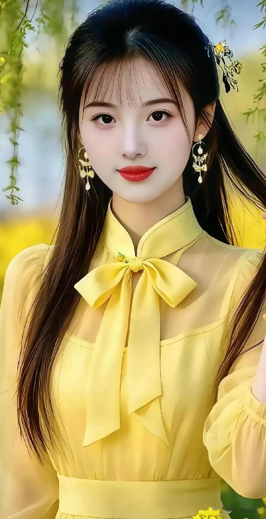 春风袅袅，柳丝依依，一身明媚黄衫，与春日撞个满怀。国色天姿美女照绿裙氛围感写