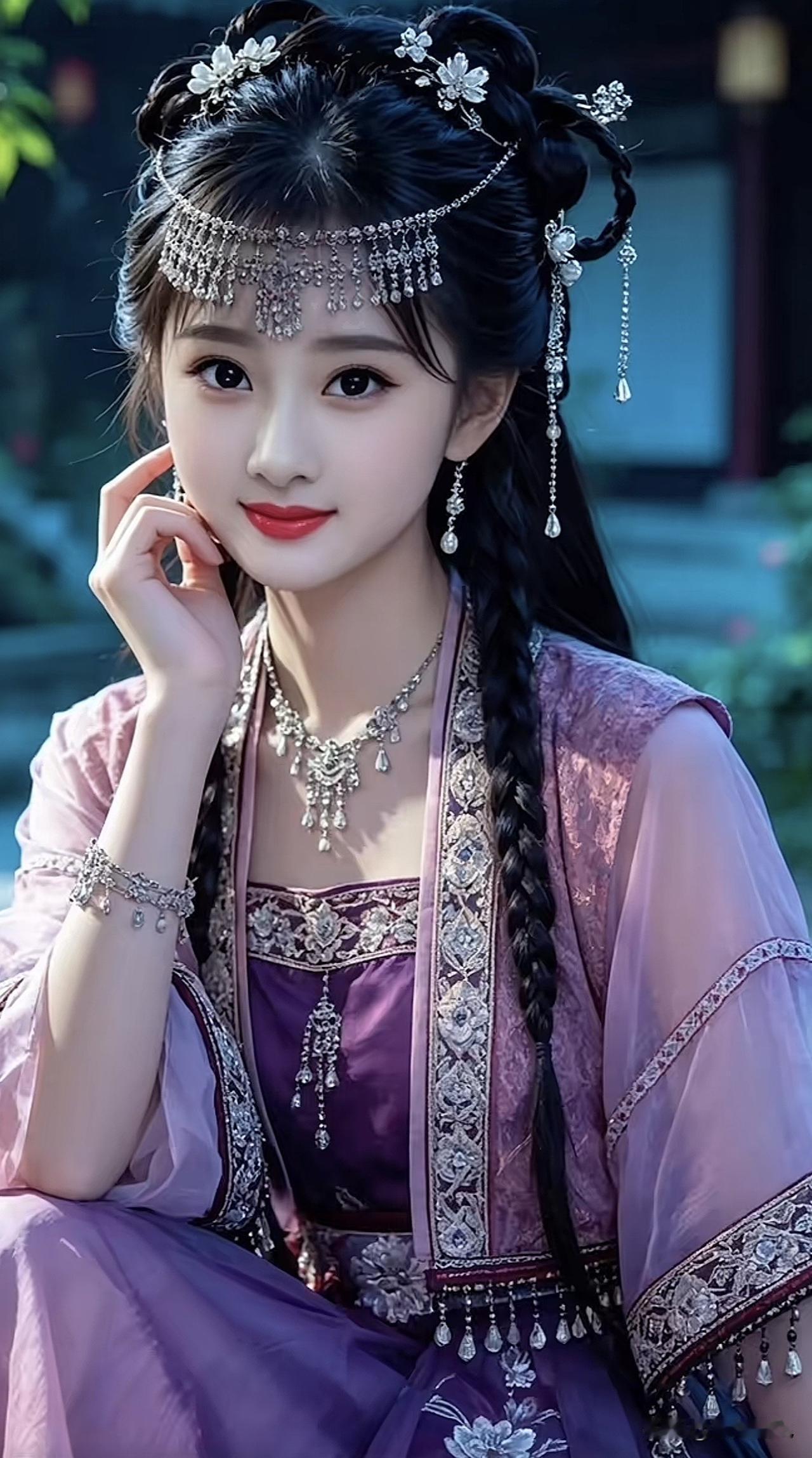 古风少女，优雅端庄，头戴花环，身着华服，美不胜收。淡雅汉服美女古典红裙少女国