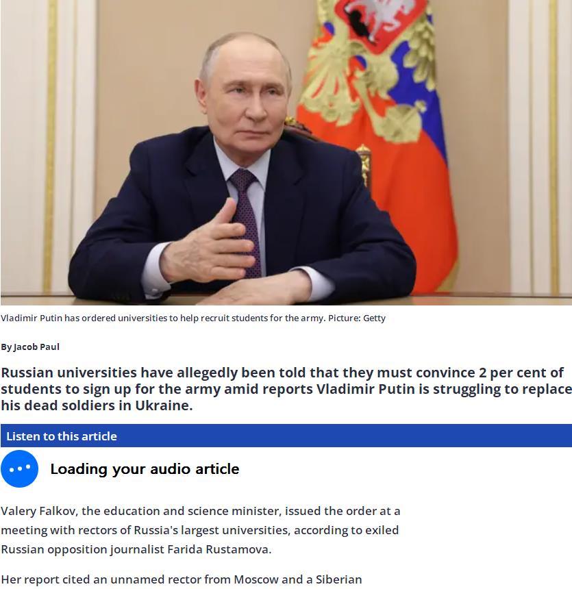 【《泰晤士报》：俄正劝说大学生辍学前往乌参战】据称，俄罗斯各大学被告知，它们必须