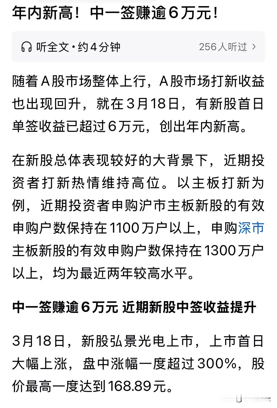 中一签赚6万，真香定律。不过A股有2亿股民，但有效申购新股的户数竟然才沪市110