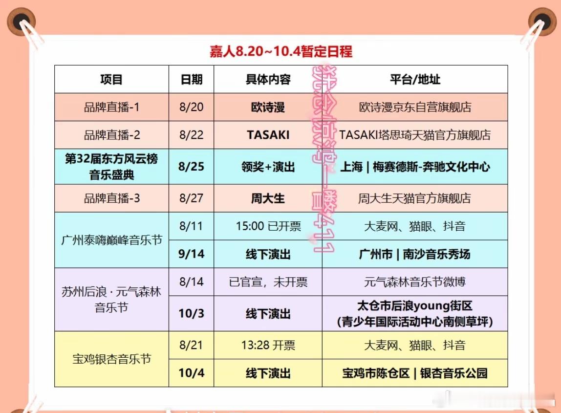任嘉伦8.20-10.4日暂定日程表，表还在完善中。​​​