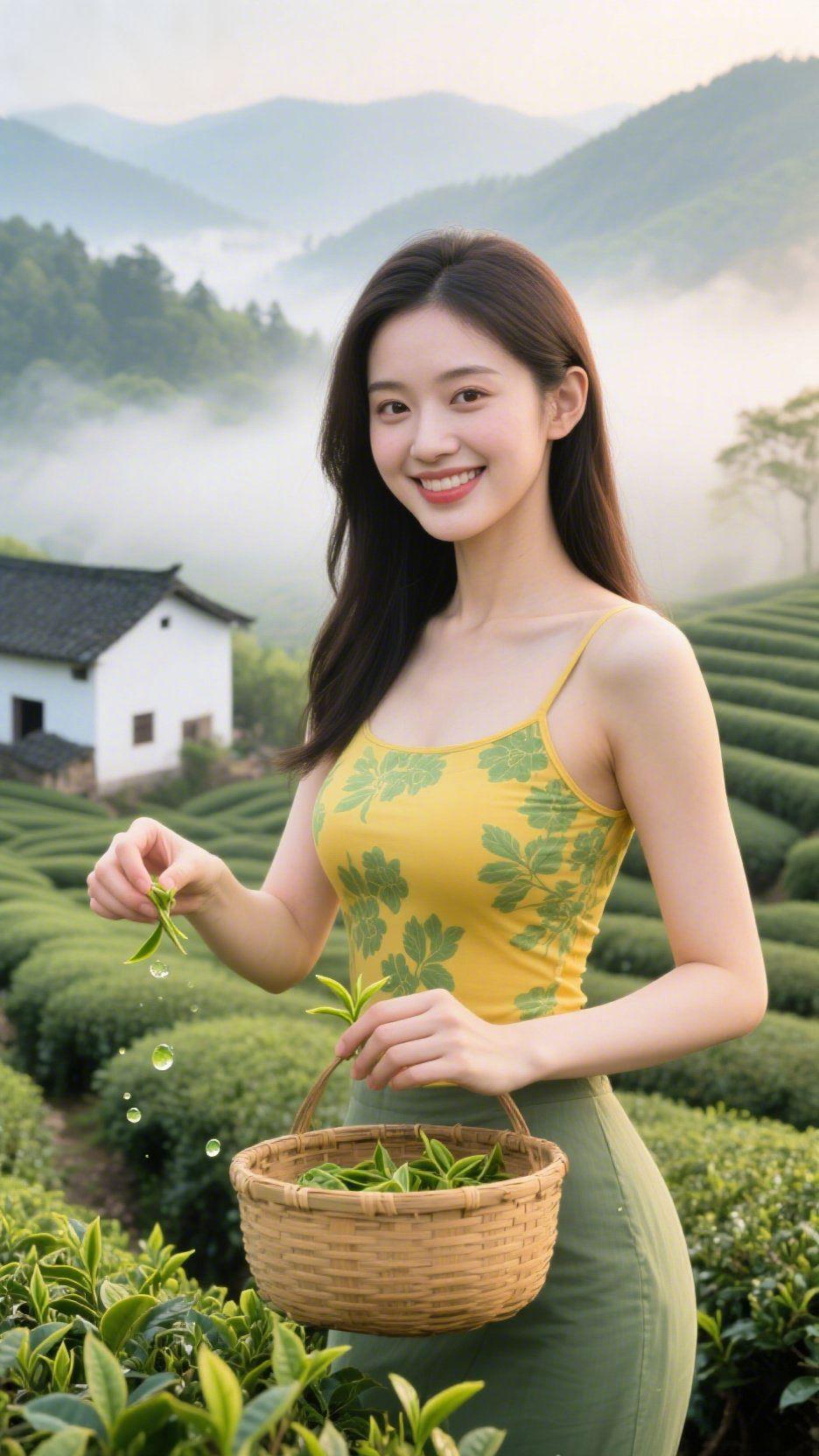 《茶雾里的春晨》山雾裹着茶芽的清甜漫开时，竹篮里的新叶还坠着晨露。明黄衣装沾了