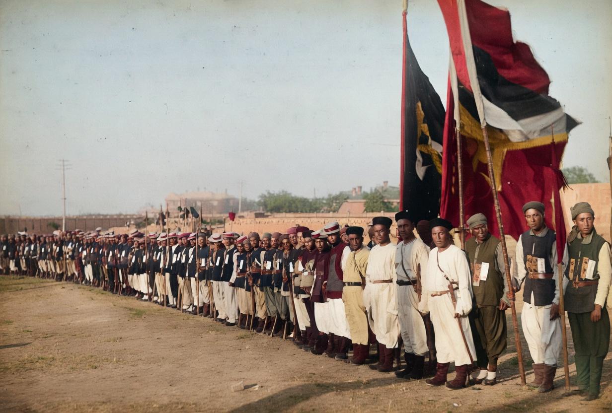 1904-1905年，日俄战争期间的辽宁营口，列队的是当时驻守此地的清军。此时