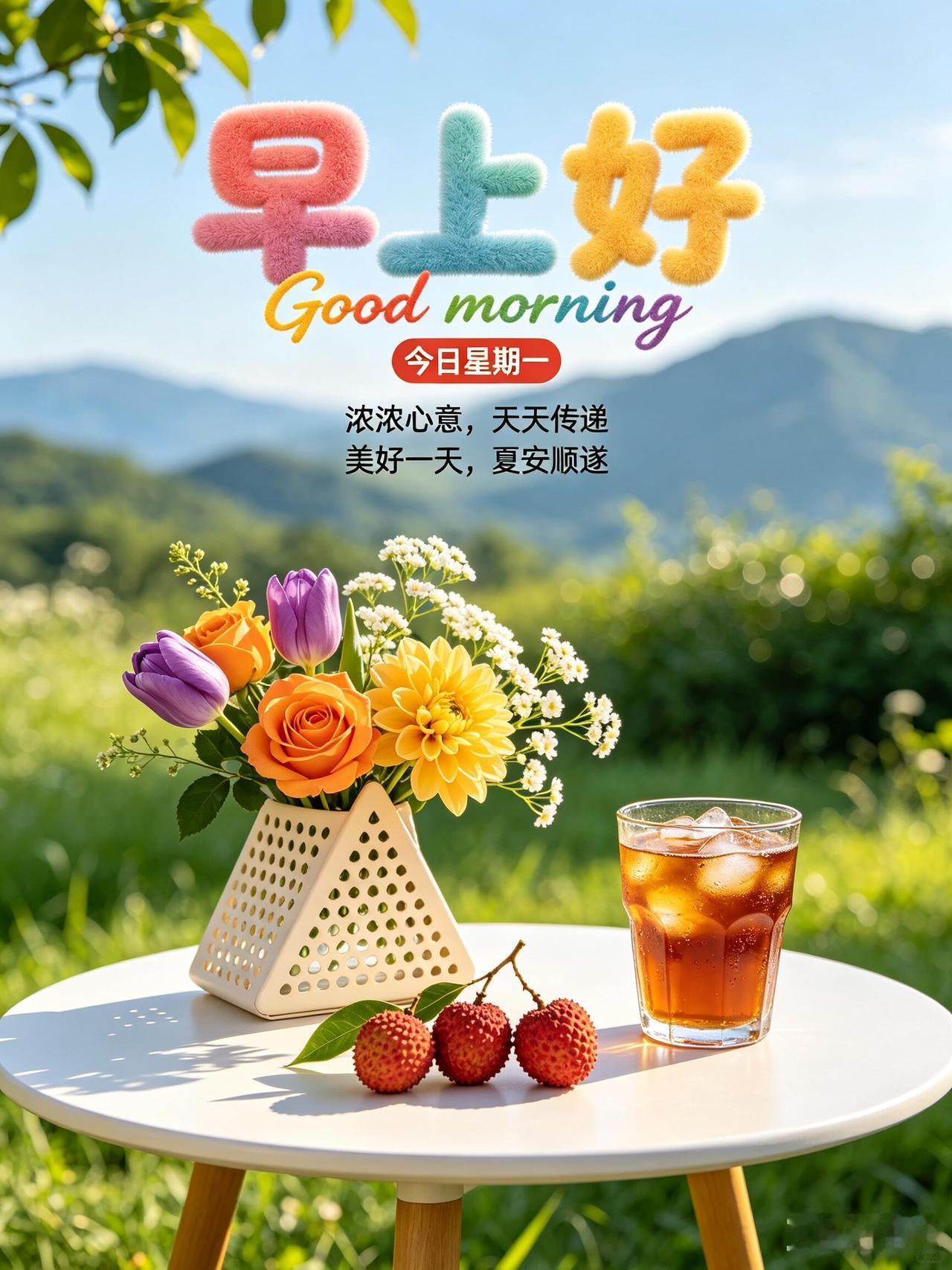 早安，7月27日元气周一🍅！夏日清晨清新治愈，露珠点缀草木，微风抚平内心浮躁。