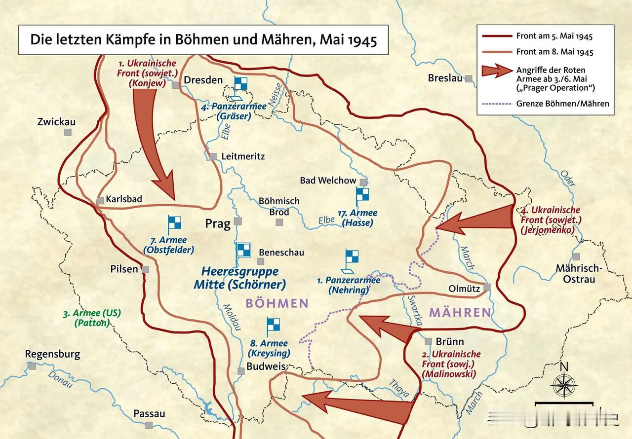 1945年5月捷克斯洛伐克境内波西米亚和摩拉维亚的最后战役。此时纳粹德国已濒临投