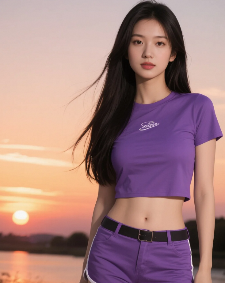 落日紫色美女一举一动皆似诗画