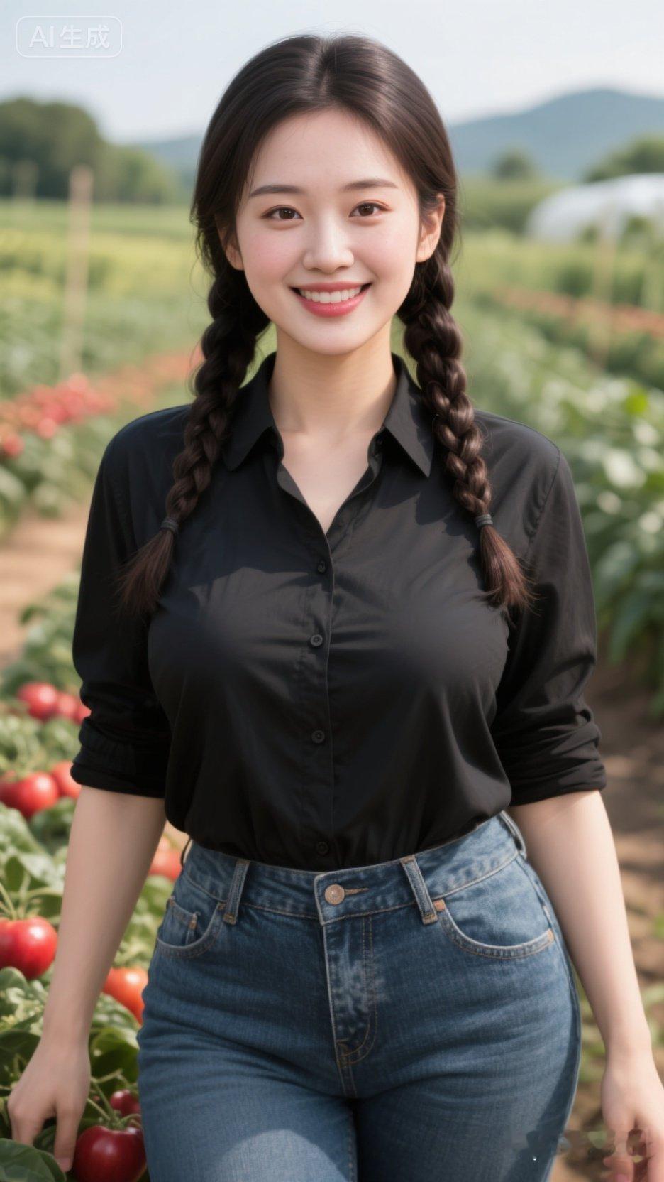 田园少女风，黑衬衫与牛仔裤的完美搭配，笑容灿烂，背景是绿意盎然的番茄田。