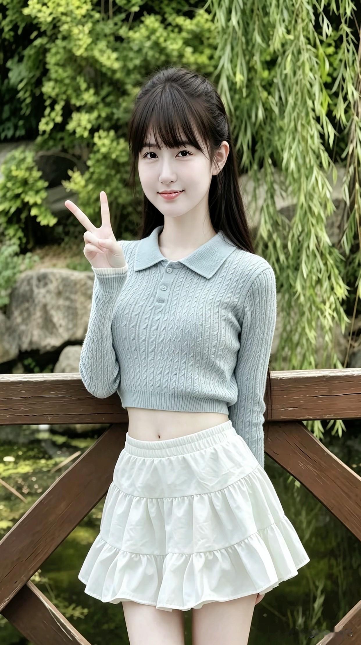 元气少女在竹林间，微笑比出V字手势，清新自然，元气满满！🌿💖分享一下你随手