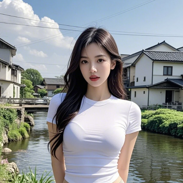 碧水映红颜，河畔佳人笑靥如花绽