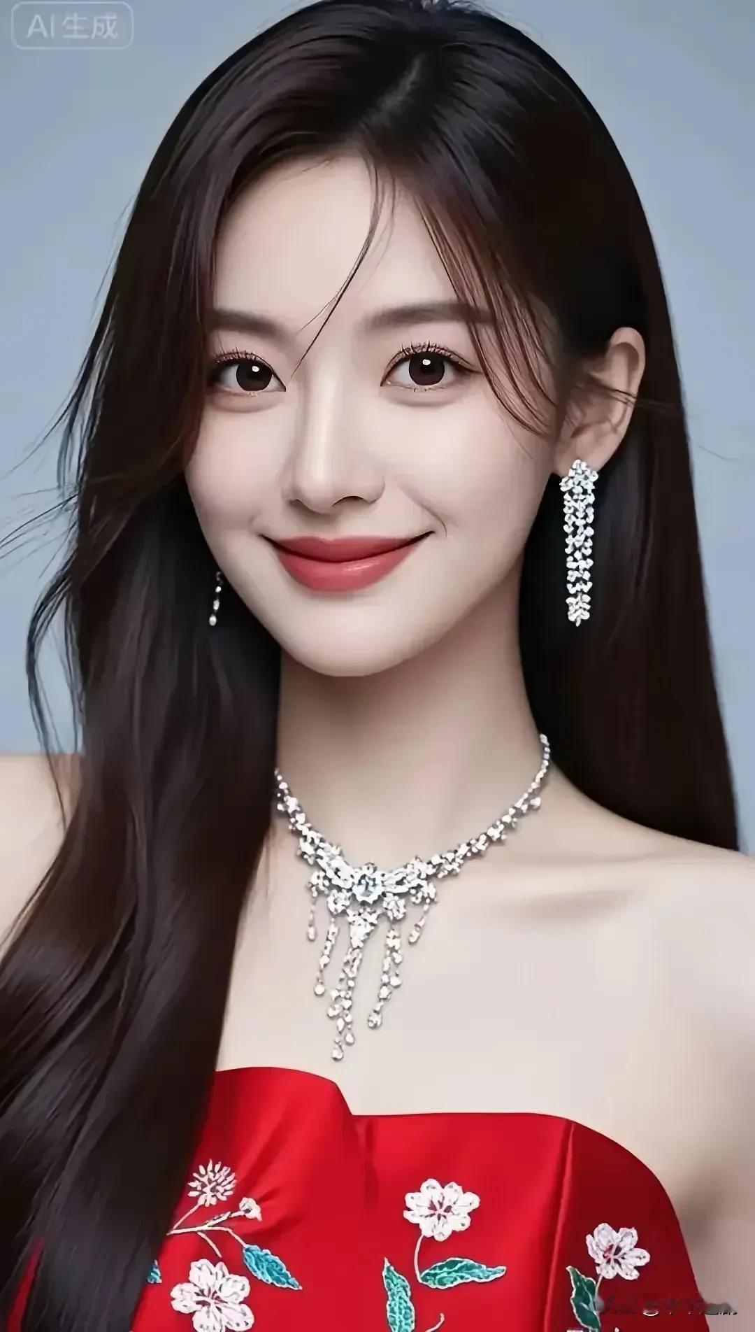 红缎裹着绣纹的艳，颈间钻链坠着柔光，发梢轻扬的弧度里漫着笑的甜。女性气质女性