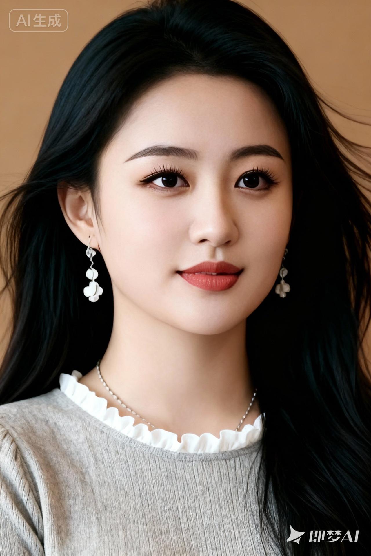 身穿燕麦灰色长袖搭配白色花边长发飘飘佩戴白色耳环项链吊坠高清画质面部特