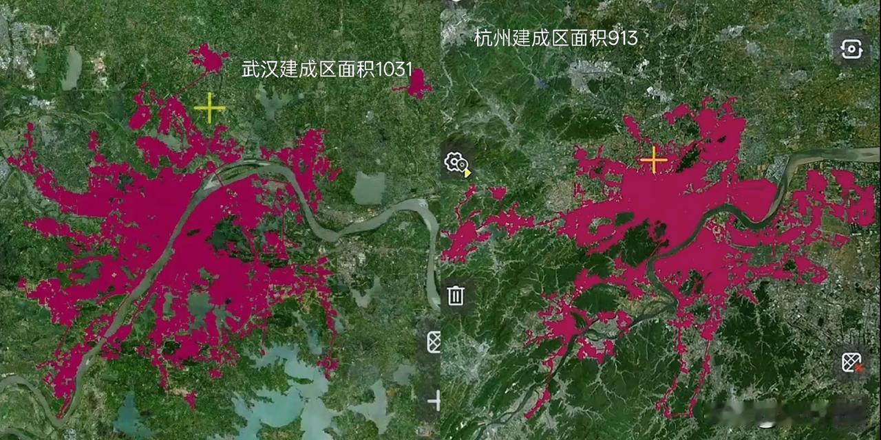 杭州和武汉建成区面积对比，武汉突破1000平方公里，杭州达到了913平方公里，杭