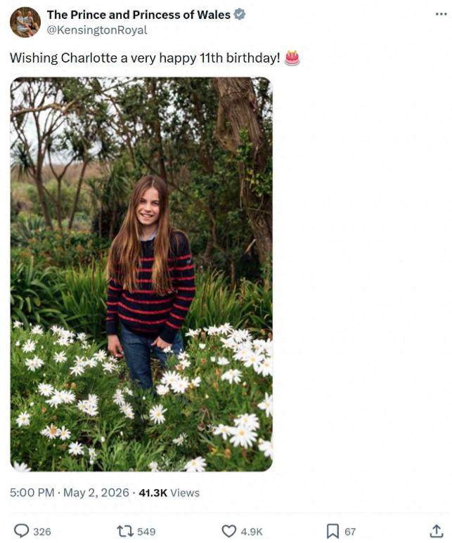 威尔士亲王与王妃晒夏洛特公主庆生照，并配文：WishingCharlotte