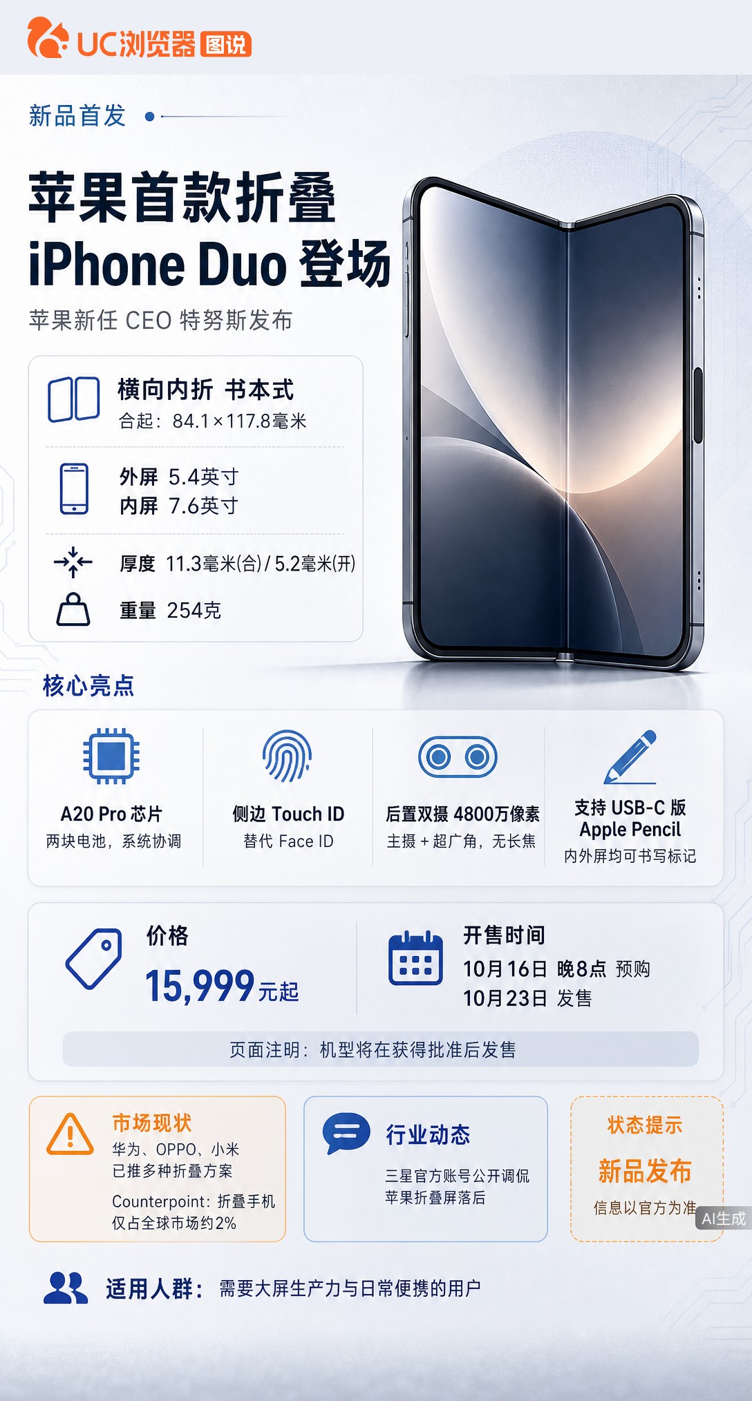 苹果首款折叠屏iPhoneDuo起售价15999元，比国产竞品重厚。但苹果不卷参数，而是靠外屏预览、