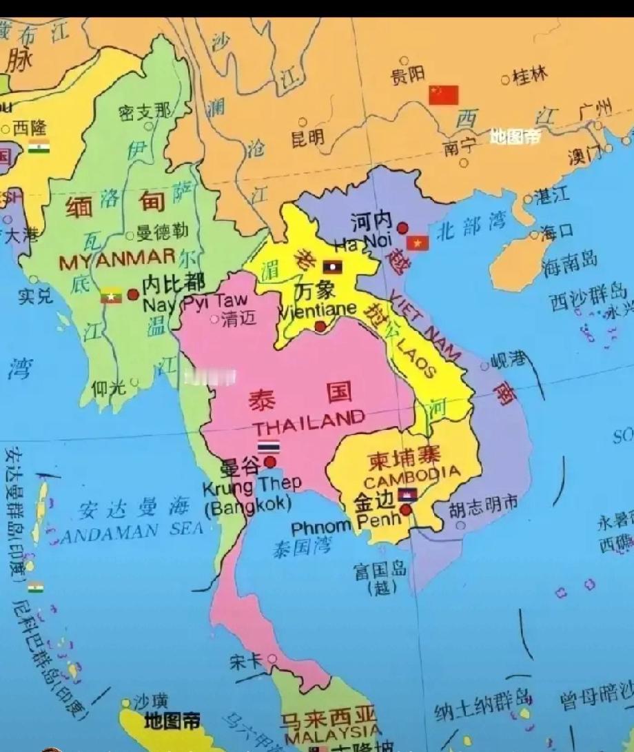 泰国的地理位置挺有意思，还拖着一条长长的尾部，一直抵到马来西亚，而且硬生生地拦住