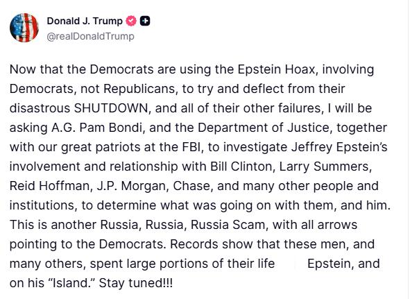 🐖特朗普：“我将要求司法部长帕姆·邦迪、司法部，以及联邦调查局的“杰出爱国者