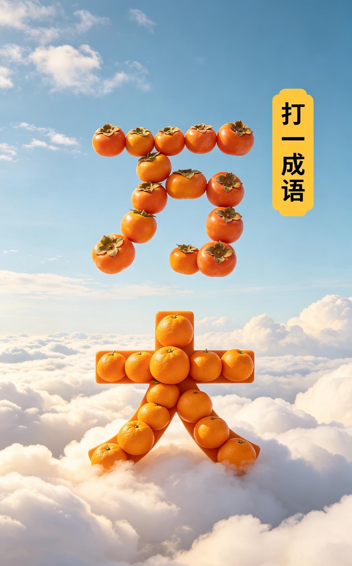 火红的柿子，甜甜的桔子，它们聚在一块，会组成什么成语呢？快来猜猜看。
