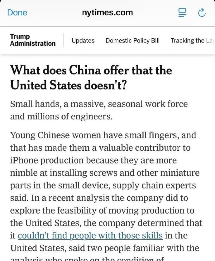 美媒：中国人造iPhone有优势是因为手小，美国因此争不过在特朗普用加税威胁库