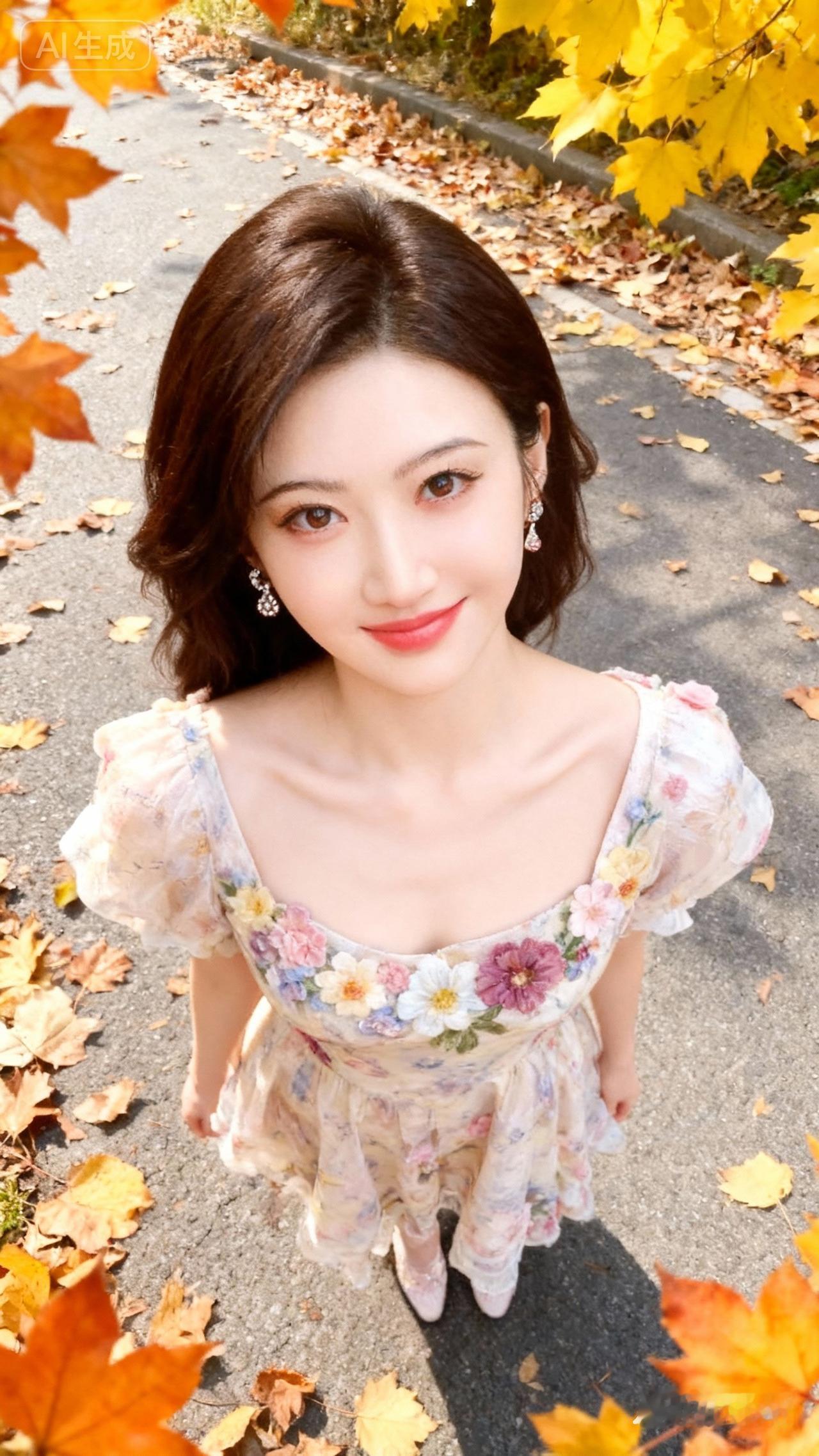 秋日暖阳下，少女漫步在落叶铺满的小径上，笑靥如花。