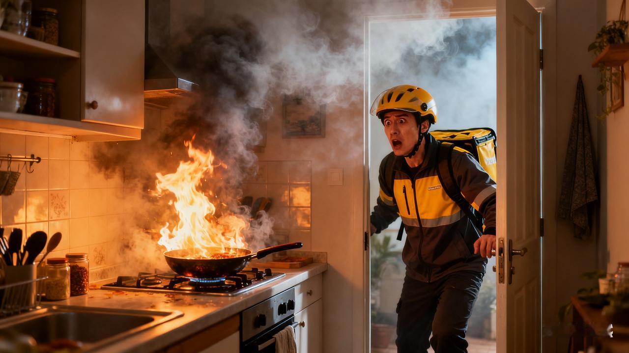 外卖员送餐时突遇顾客家油锅起火，外卖员冒着烈焰端走。网友：这餐送的值，救了一个家