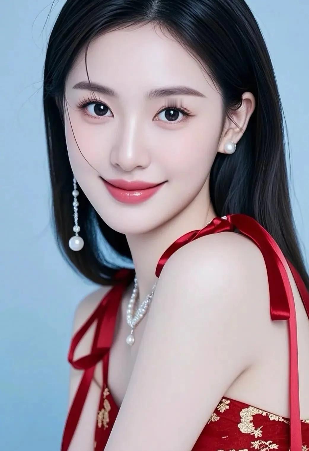 优雅红裙，珍珠闪耀，甜美笑容，气质动人