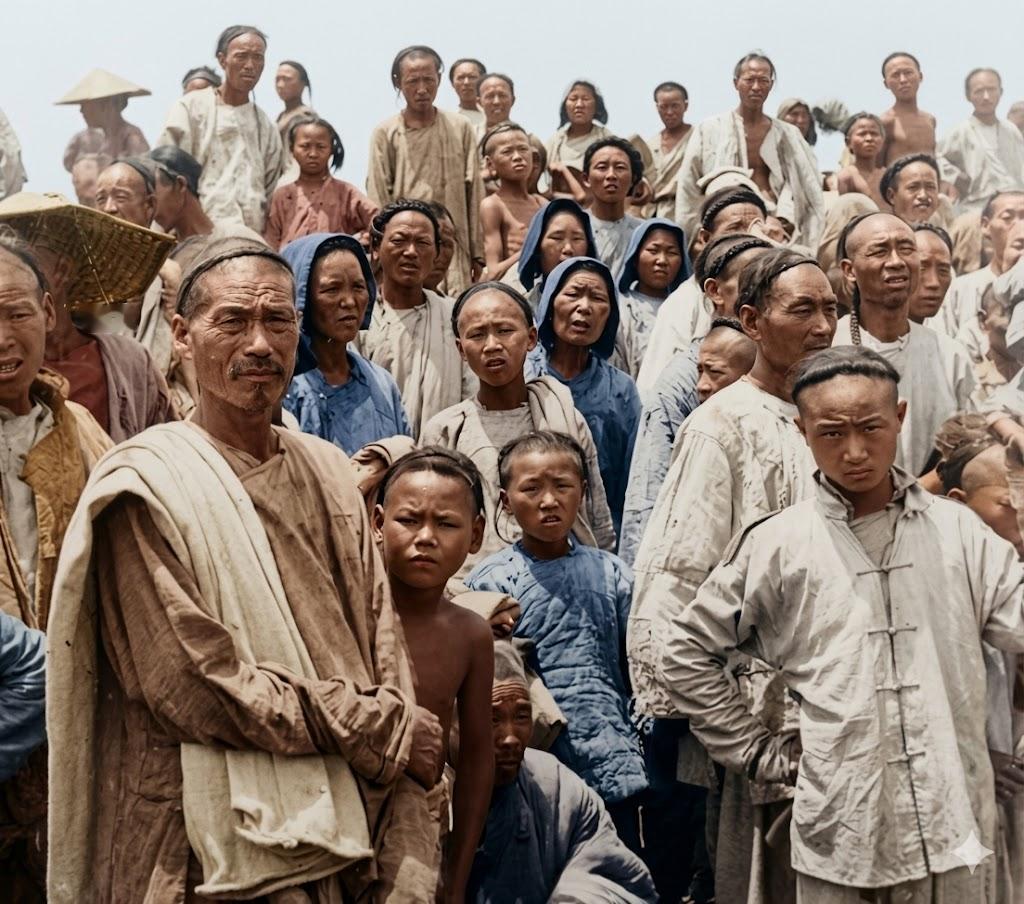 1908年，河北，一群晚清百姓的真实模样。照片里密密麻麻的百姓挤在一起，男子大
