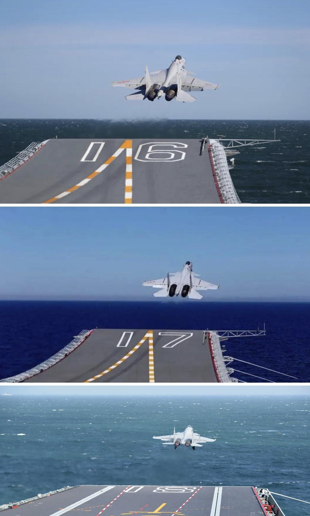 这个角度拍照，电磁弹射航母舰艏的舷号不如滑跃型航母的清晰福建舰开展首次海上实兵训