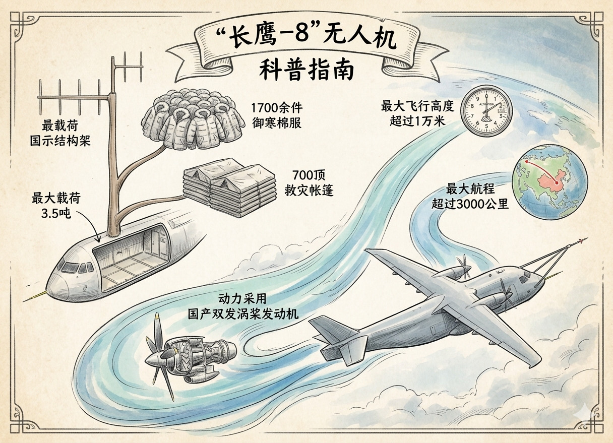 长鹰-8是中国自主研发的7吨级大型固定翼运输无人机，被誉为我国首款“无人空中重卡
