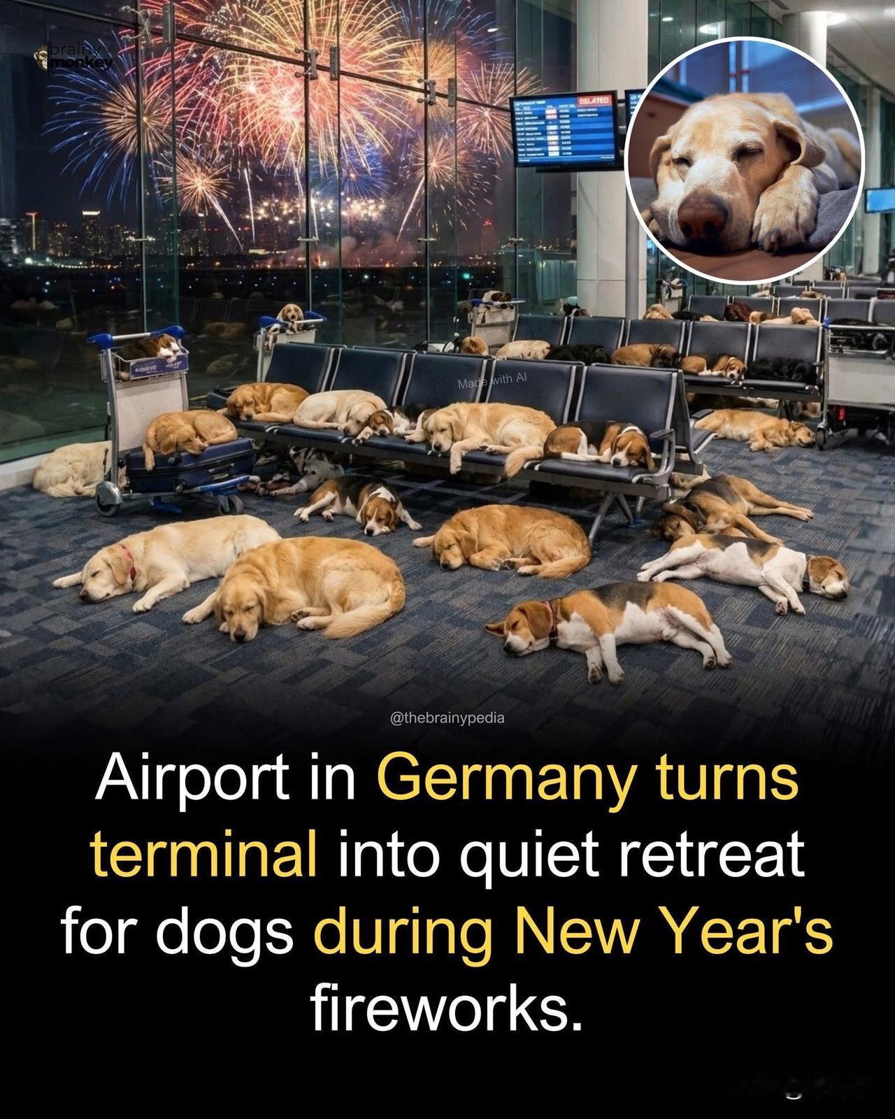在德国，机场在新年夜成了狗狗们意想不到的避难所。据GreenMeMag报道，