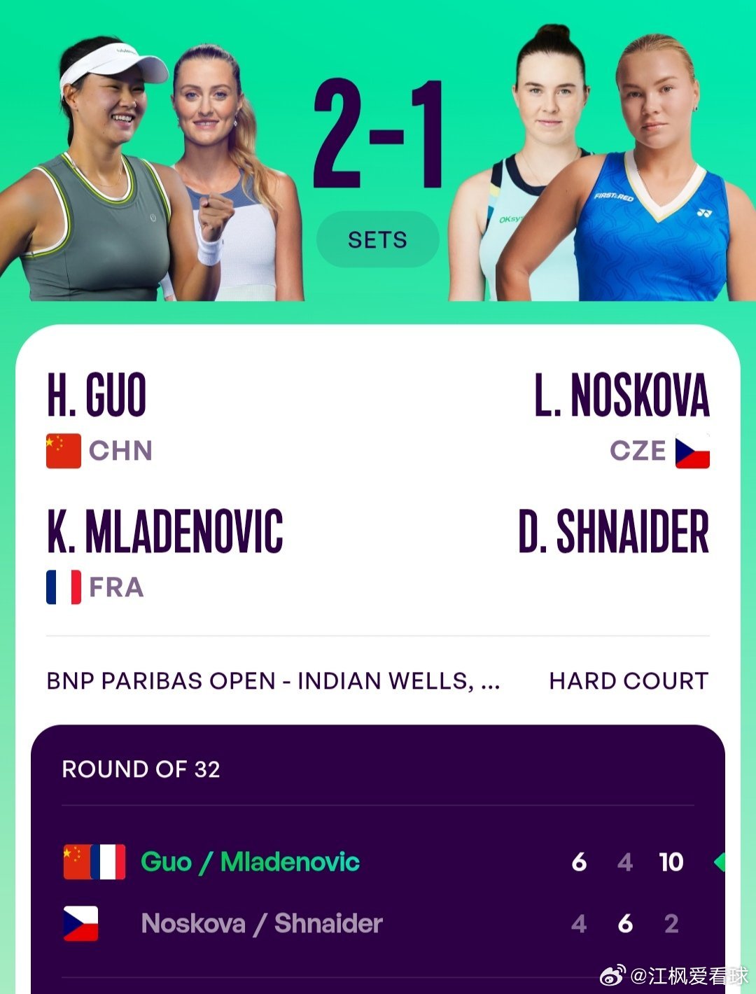 WTA1000印第安维尔斯站🇺🇸女双第1轮郭涵煜🇨🇳/梅拉德诺维奇🇫?