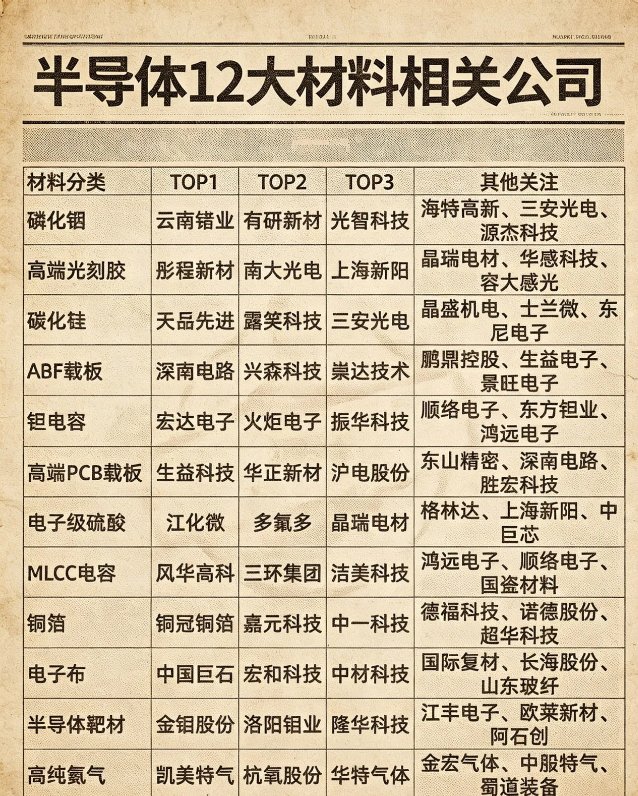 走过路过别错过！重磅半导体材料最全合集正式整理完毕十二大核心赛道完整梳理，行业龙