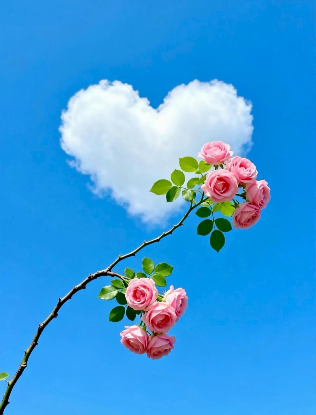 蓝天白云下的粉色玫瑰，浪漫心形的云朵，美不胜收！🌹💕