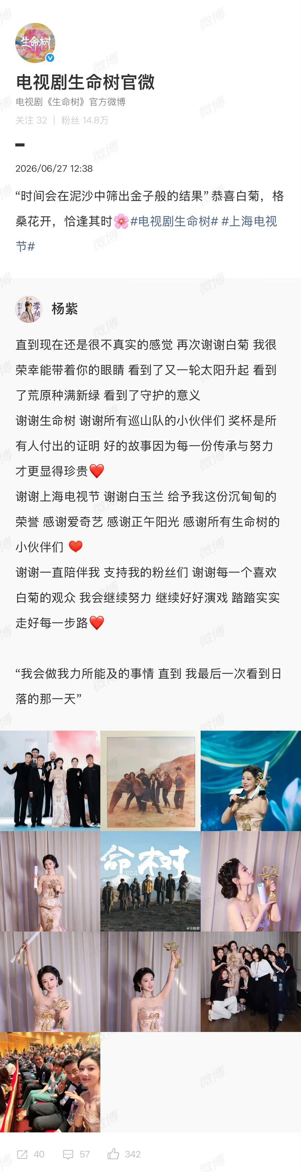 生命树回应杨紫长文角色与演员互相成就，文字克制又有格局，完全摆脱流量式获奖通稿，