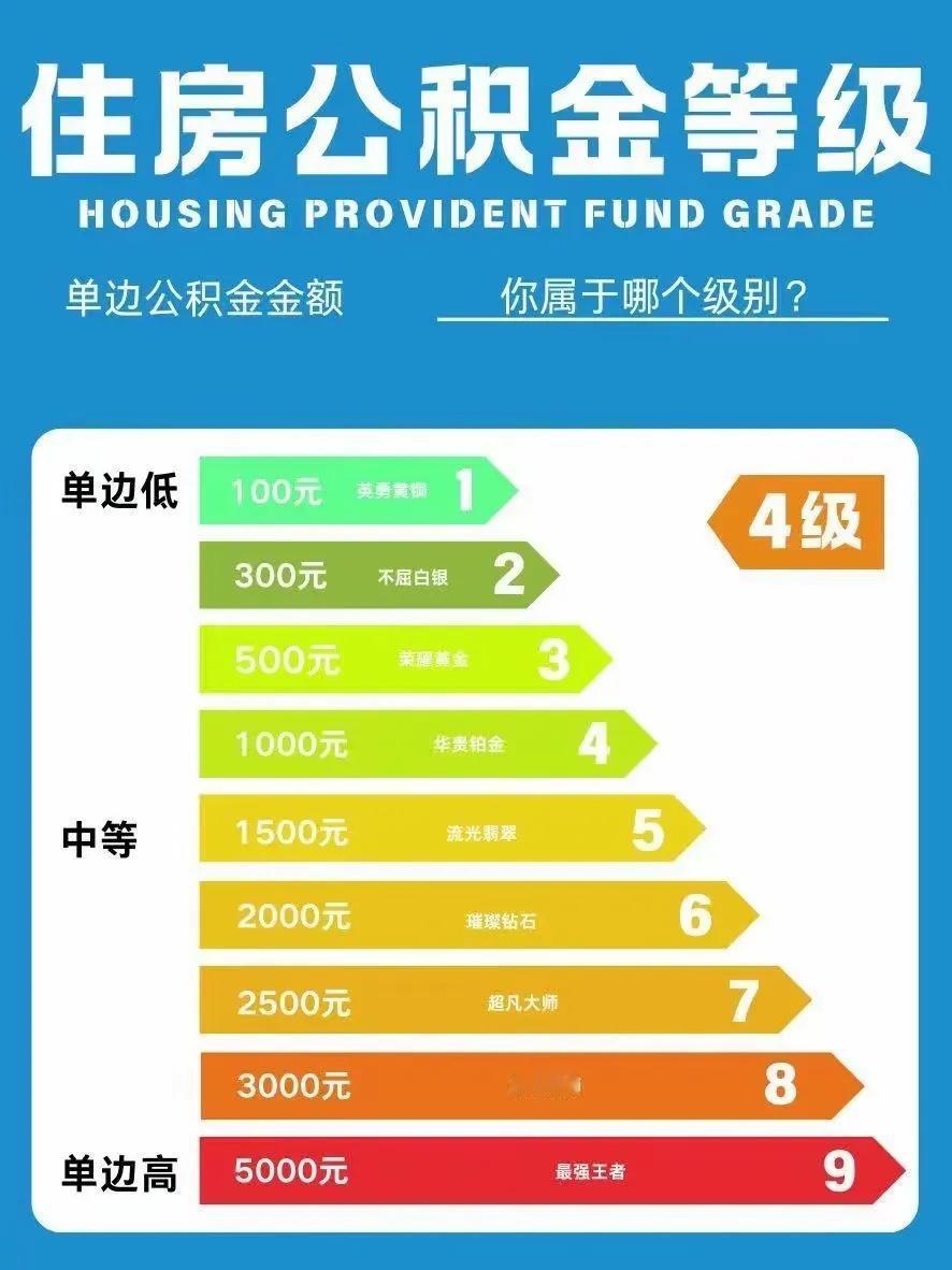 住房公积金等级的划分，依据是单边公积金金额，从低到高共分为多个层级，对应不同的“