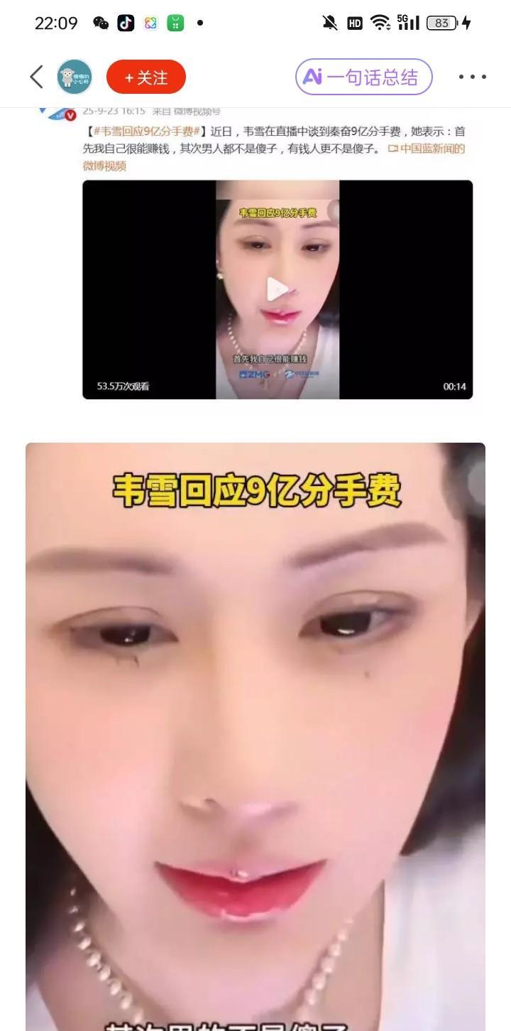 韦雪硬刚9亿分手费传闻：有钱人不是傻子，我年入9亿靠自己！关键词：豪门八卦、独