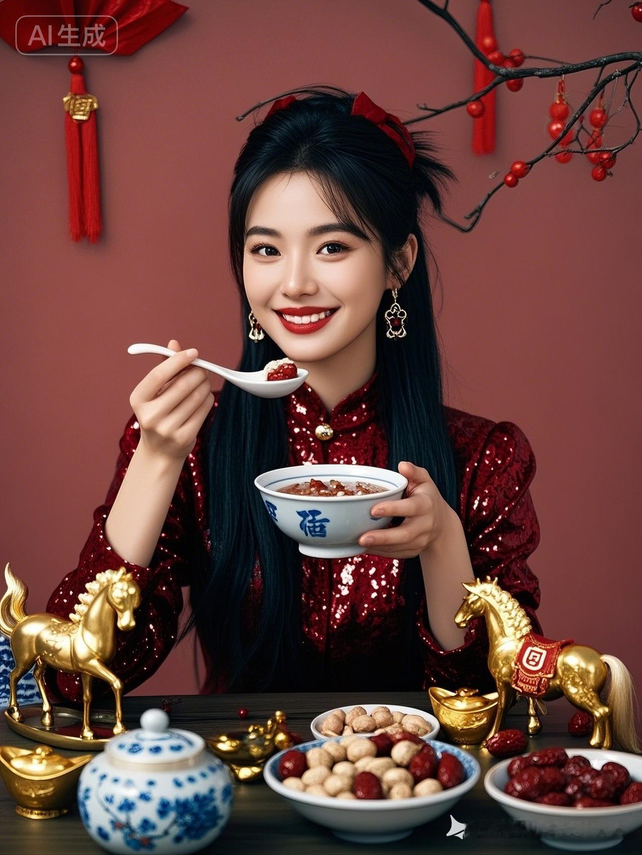 新年快乐！🎉红衣美人品尝传统美食，金马摆件和糖果点缀，喜气洋洋！🍲💃🏻