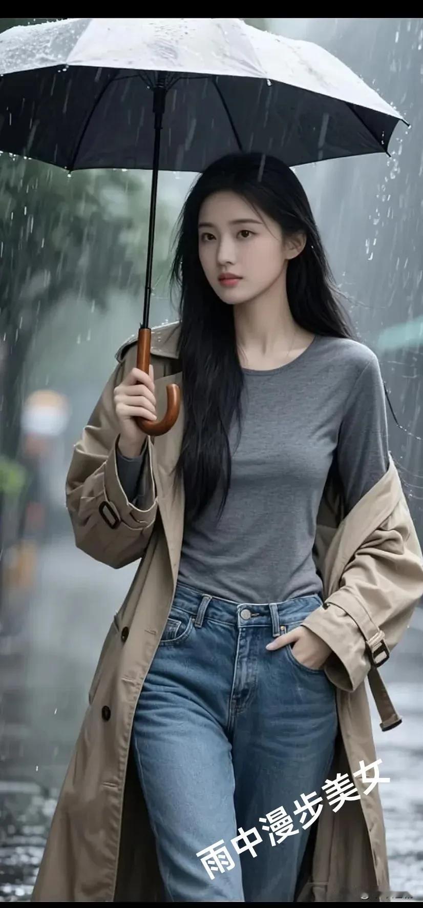 女人味是指女人什么?雨丝轻落，她撑伞漫步，卡其风衣与牛仔的随性搭配，在朦胧雨幕