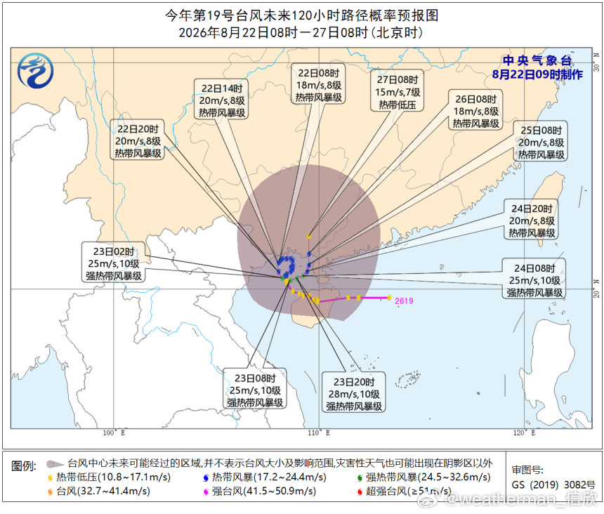 台风【19号台风紫檀】昨天17时中央气象台率先把北部湾低压升级编号为19号台风