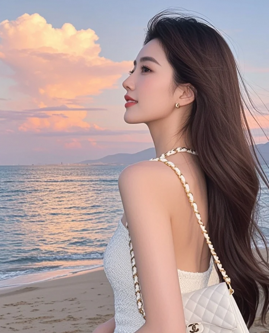 阳光与海风交织，沙滩上的她笑容温柔而诗意