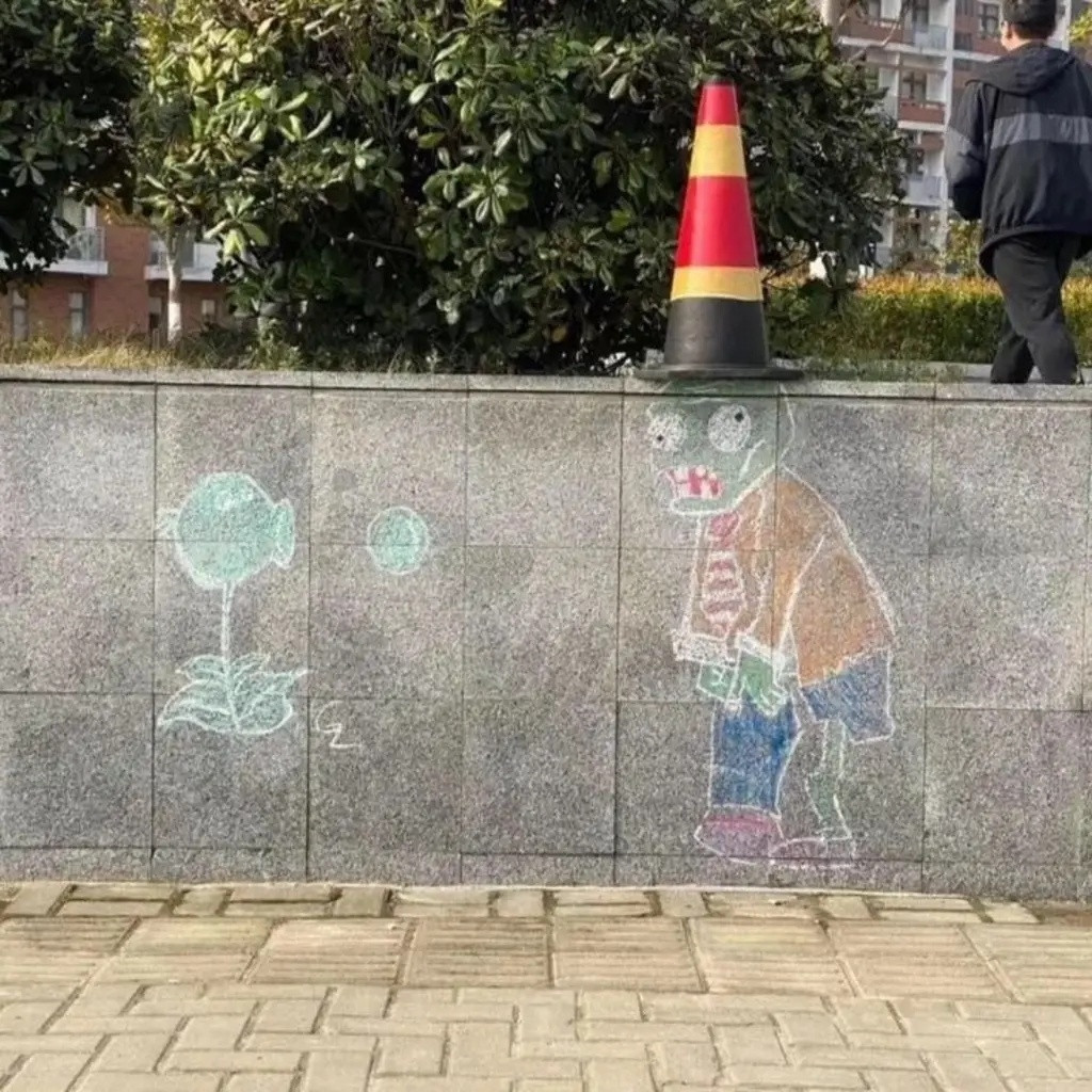 车若初见植物大战僵尸笔画，墙面不够高就用实物凑...