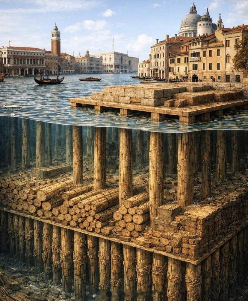 威尼斯人最初定居潟湖时，这里没有坚实的地面。他们将数百万根木桩深深打入淤泥中，以