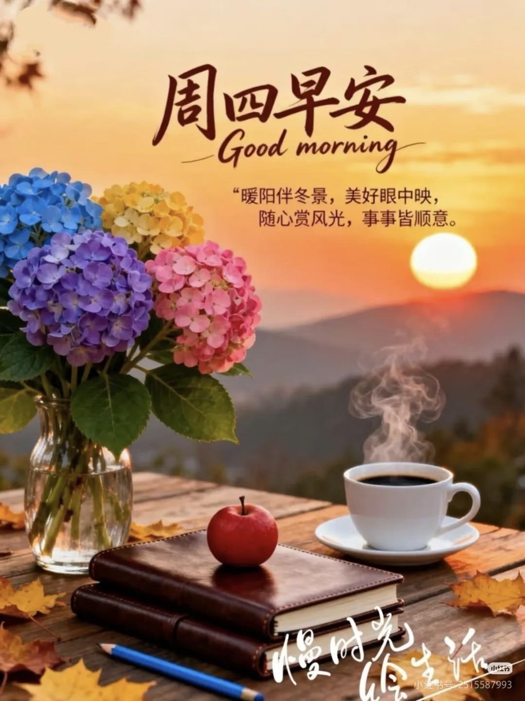 周四吉祥！晨光第一缕阳光送给你，又是全新的开始。昨天的日子已经过去，今天的日子要